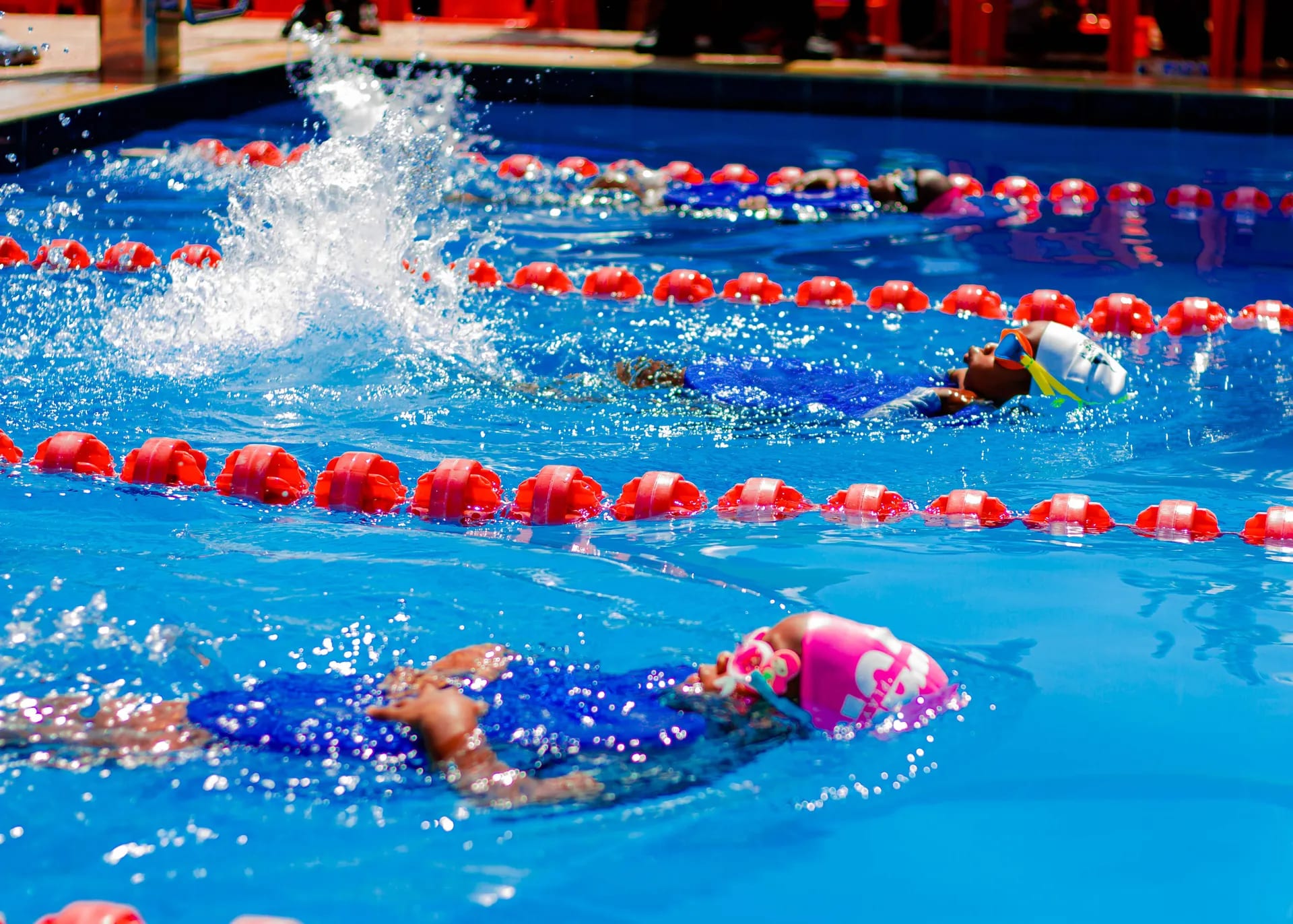 Swimmers racing side by side at the gala.